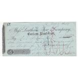 Cheque 1859 Leathham, Tew & Company Bankers, Pontefract - used bearer, black on pale blue