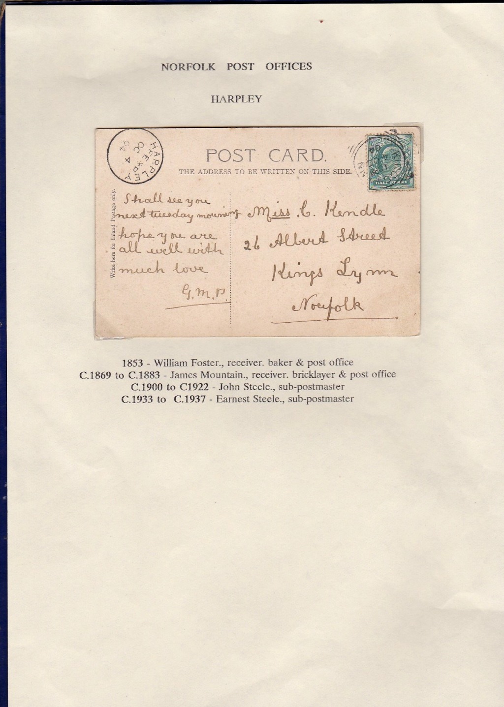 Norfolk - 1904 Postcard Harpley to King's Lynn with fine single ring cancel of Harpley XXXX.