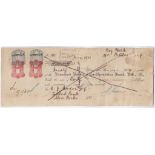 Jamaica 1919 Linstead Peoples Co-Operative Bank cheque, Bog Walk Branch, Revenue stamps.