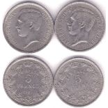 Belgium 1933 5 Frank, EEN BELGA, KM 98, VF, Scarce and a 1934 5 Francs, UN BELGA, KM, GVF+,