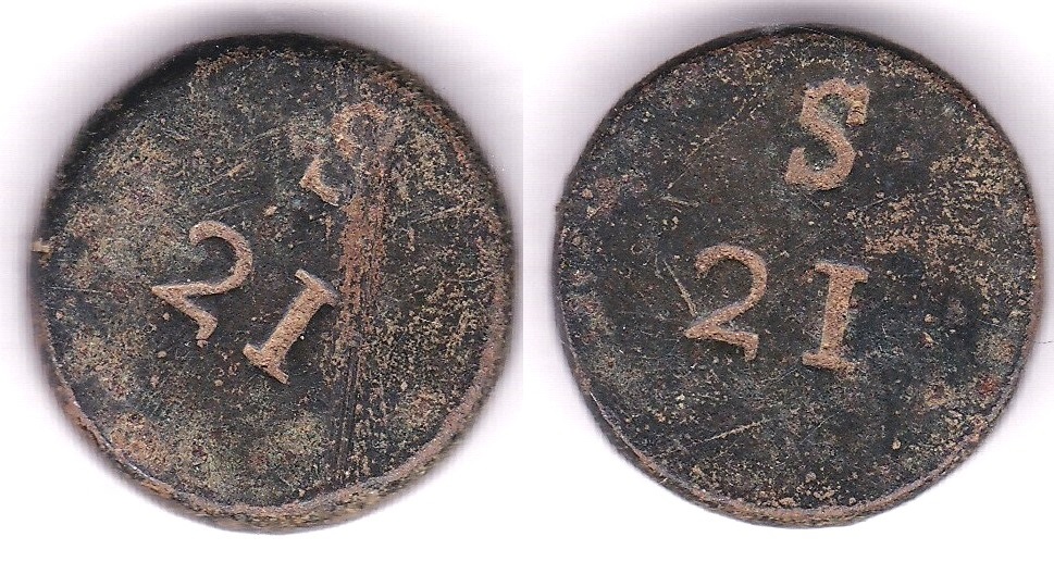 Coin Weight 1814 dated Circular coin weight Incuse Markings S/21 on both sides [21 Shillings] 7.97g