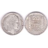 France 1938 20 Francs, KM 879, VF, Silver