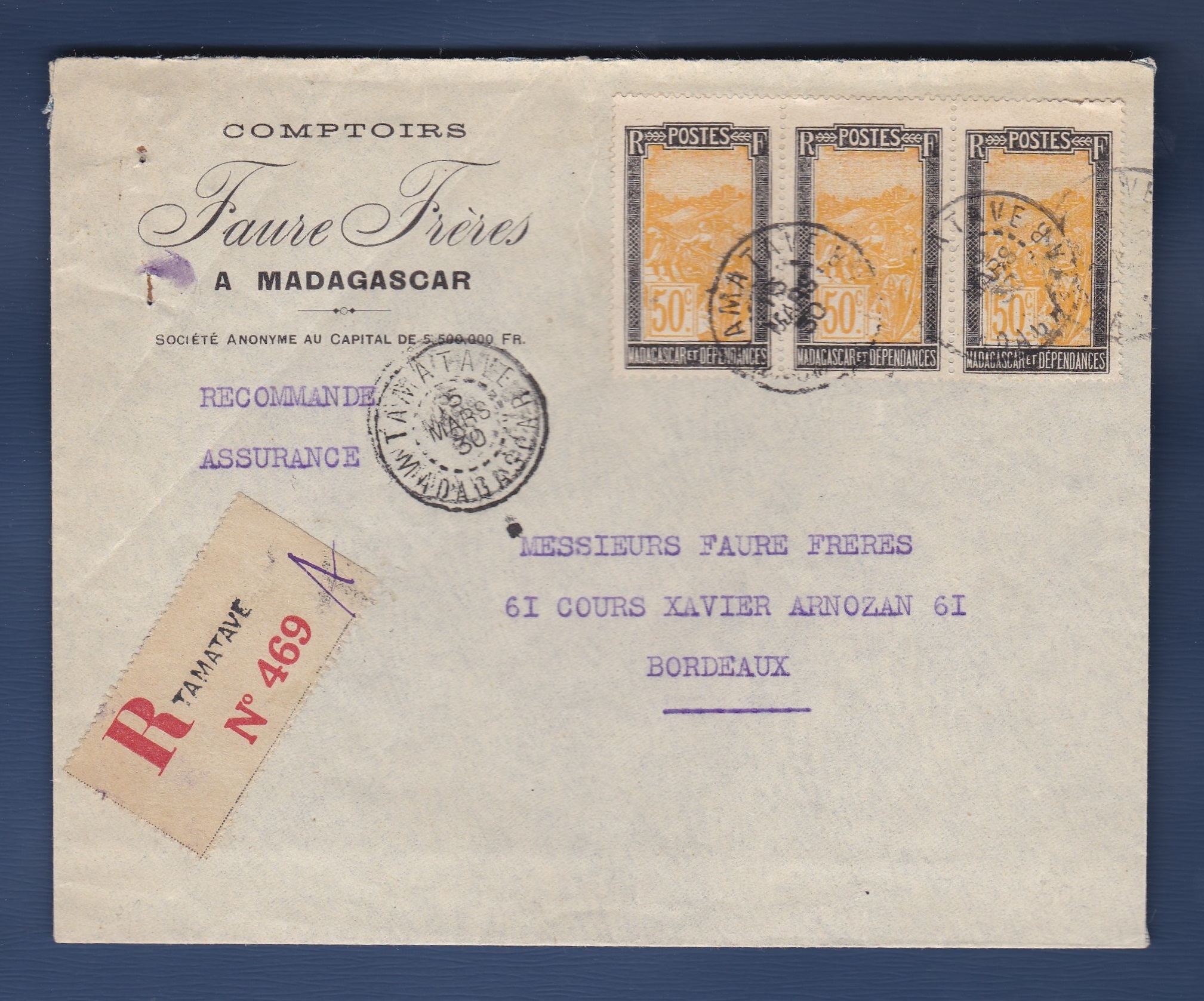 French Colonies Madagascar 1930 Env Registered Tamatave to Bordeaux, commercial entive, fine cover