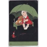 Artist - Tuck "Art" Series No. 6792, Boy and dog under umbrella with doll to left foreground. Used