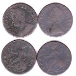 Great Britain 1753 and 1757 George II Halfpence, both NF (2)