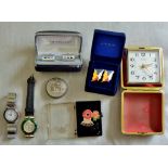 Travel Alarm Clock-Made by Timemaster-not working, also (2) ladies watches, pair of cuff links etc