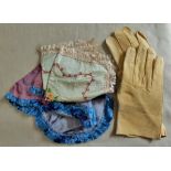 Kid leather gloves with (2) sweetheart handkerchiefs in excellent condition