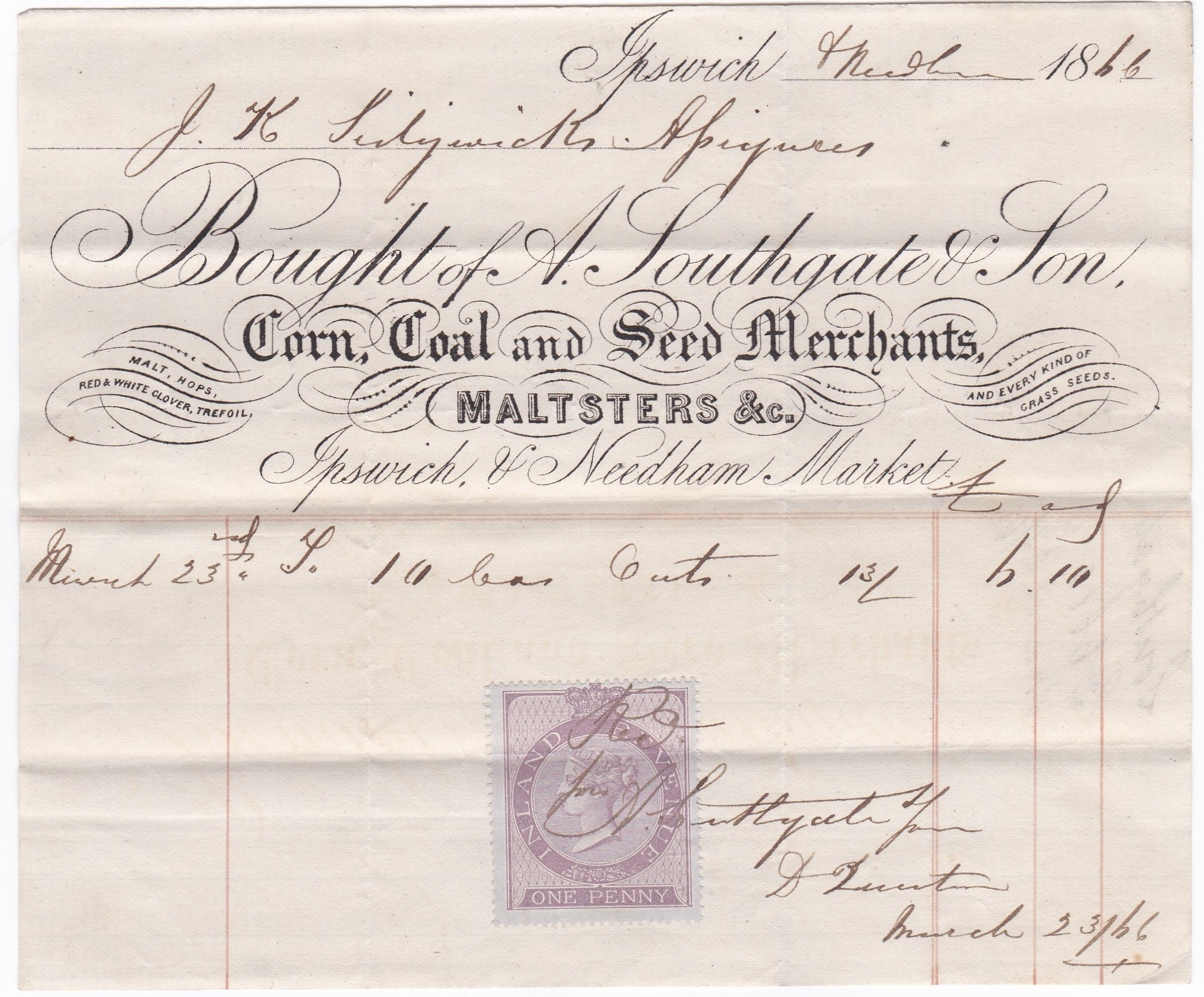 Ipswich Suffolk 1866 A Southgate & Son engraved letter heading Corn Coal & Seed Merchant