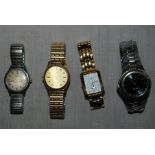 (4) Gents watches and one bracelet, power compact, and green broach, watches needs attention