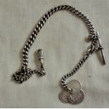 Watch Chain-Silver watch chain with bar and three silver coins