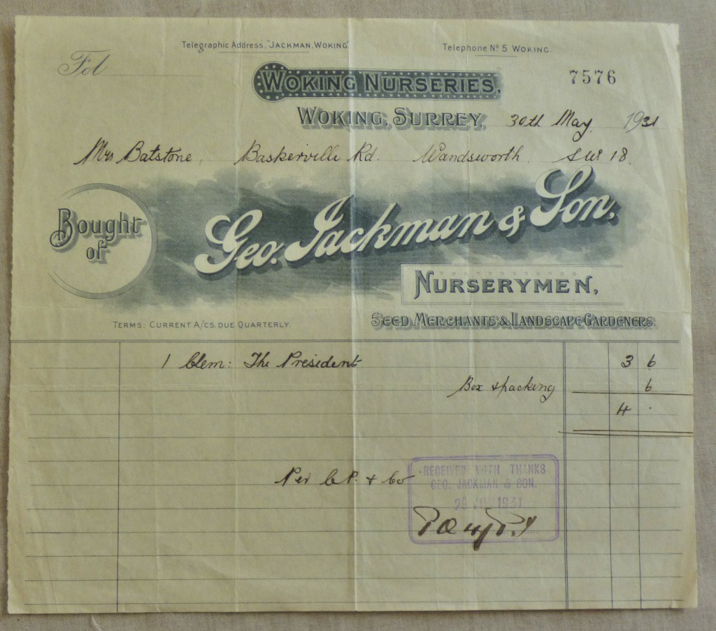 Surrey Woking Geo Jackman Nurserymen engraved invoice receipt 1931