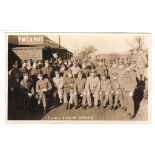 Royal Artillery (mostly) WWI 'Lunch Time at Gooden' large group outside YMCA Hut, light corner