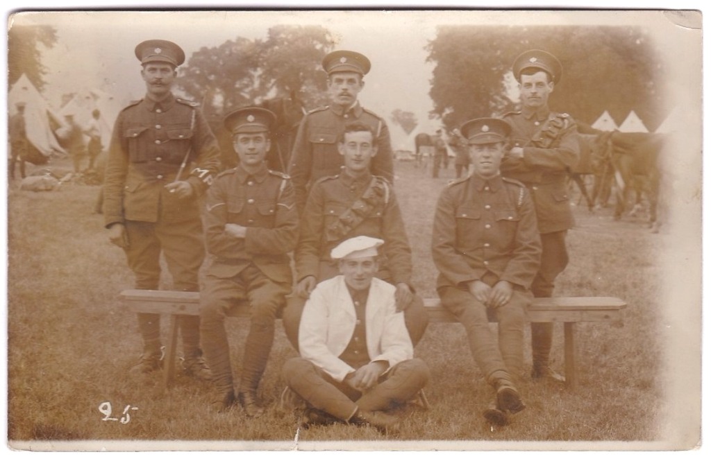 Army Service Corps WWI RP of small group including an MP and a Cook - at Camp used Diss to Kings