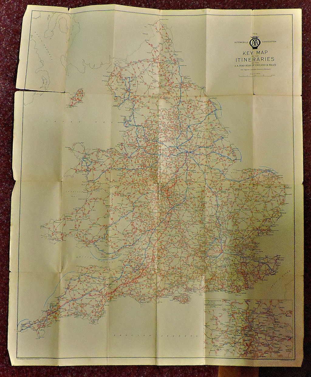 Vintage AA Map of England & Wales 1950's-60's With some routes marked in blue crayon.