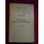 Railway Booklet British Railways 'Record of First Aid' rendered 1956, un-used.