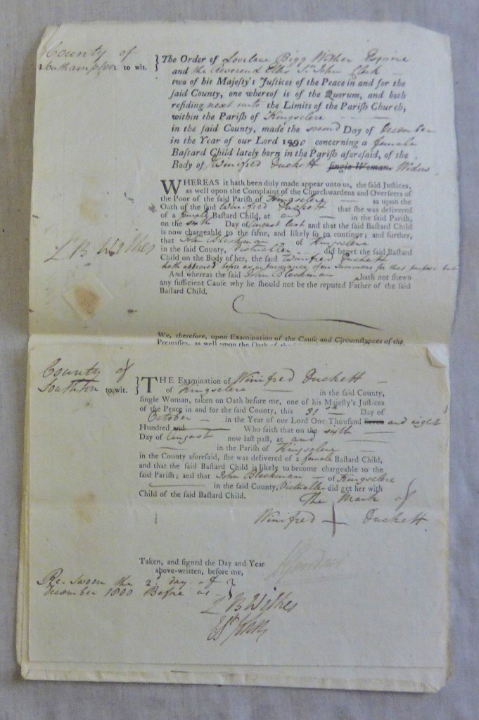 Hants - Kingclere 1800 maintenance order for child of Winifred Duckett- father named as John