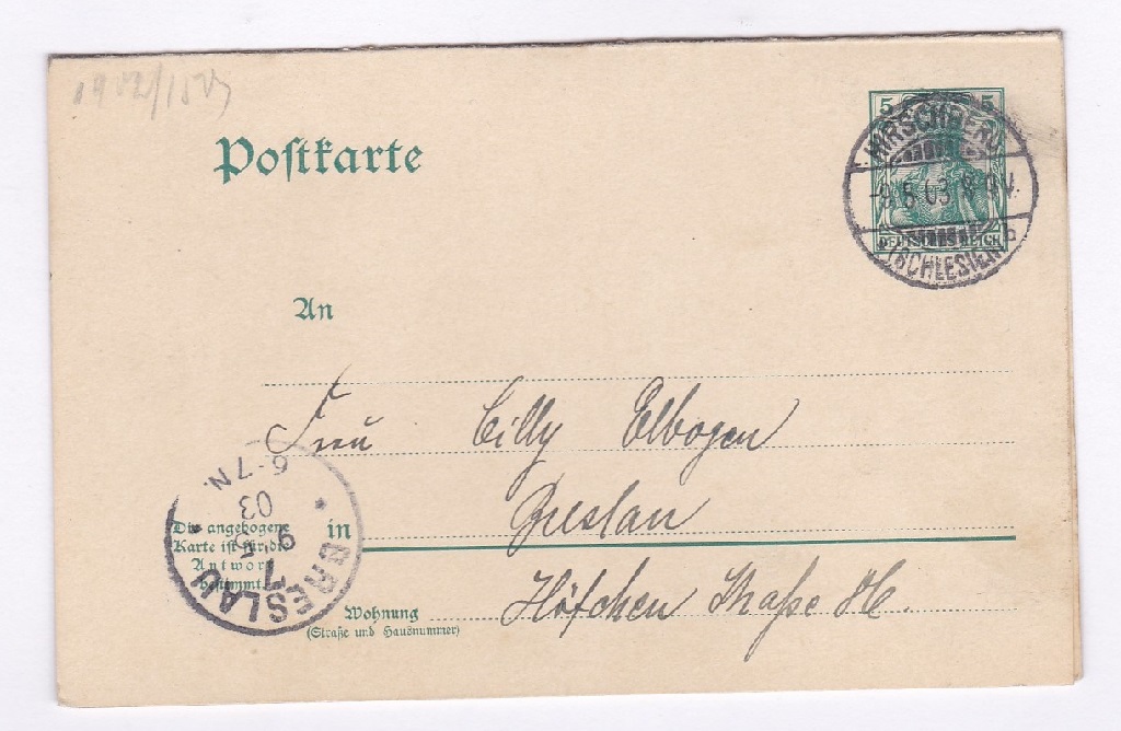 Germany 1903 5 PF Postal Stationery Reply Card, used Hirschberg to Breslau.