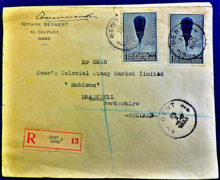 Belgium - 1933 Airmail registered cover sent to England with IF75 (2) Balloon adhesives