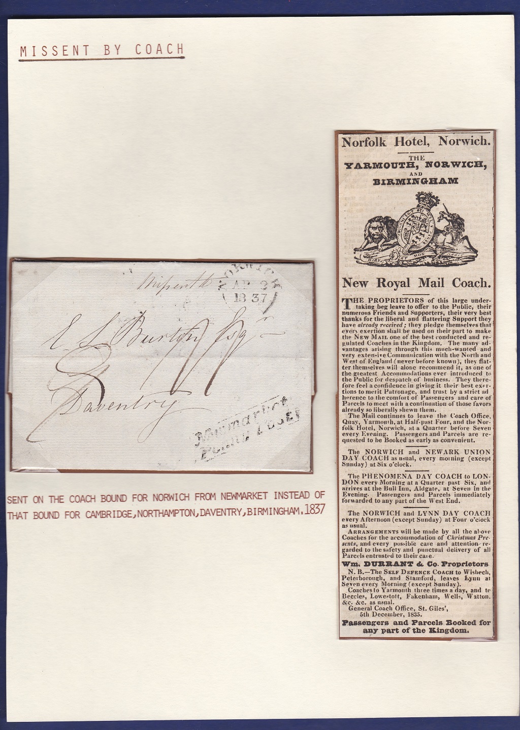 Northants - 1837 Norwich (NN57) Boxed Daventry Penny Post Script missent to H/S Norwich, AP 3