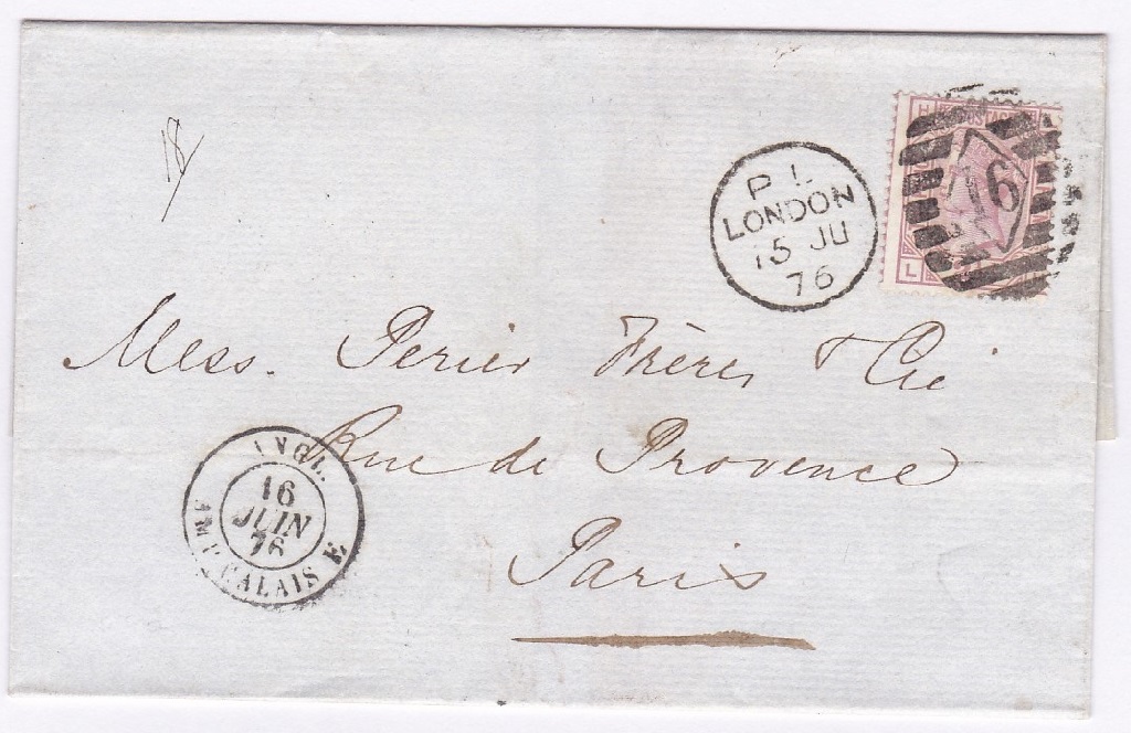 London 1876-Wrapper London-Paris with London District post cancel(16) for Chigwell, Victoria