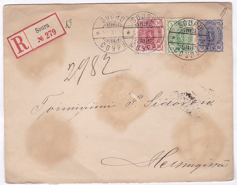 Finland - 1899 25 pen blue Stationary envelope. Registered Souru to 'Hellsingossa' with 5 pen