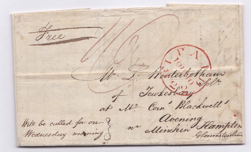 London 1822 EL-To Avening with red London paid marks, charged 1/6 despite M/S free.XXX