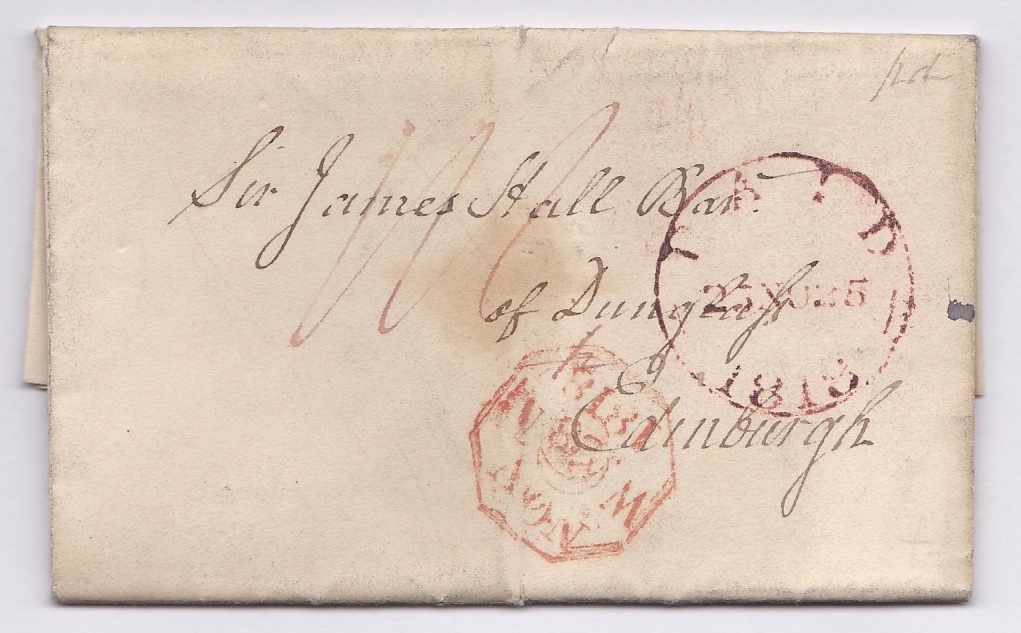 London to Edinburgh (Nov 1818)-paid 6d in black script 1/1 in red which was correct 1818.