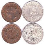 India 1913 Rupee NEF, rev: Carbon Spots, KM 524 and India East India Company 1845 One Cent, rev