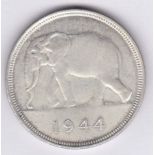 Belgian Congo 1944 50 Francs, Silver, Elephant GEF/AUNC, Rare KM 27