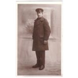 Royal Flying Corps WWI-RP postcard, full length portrait postcard-soldier in overcoat with clear