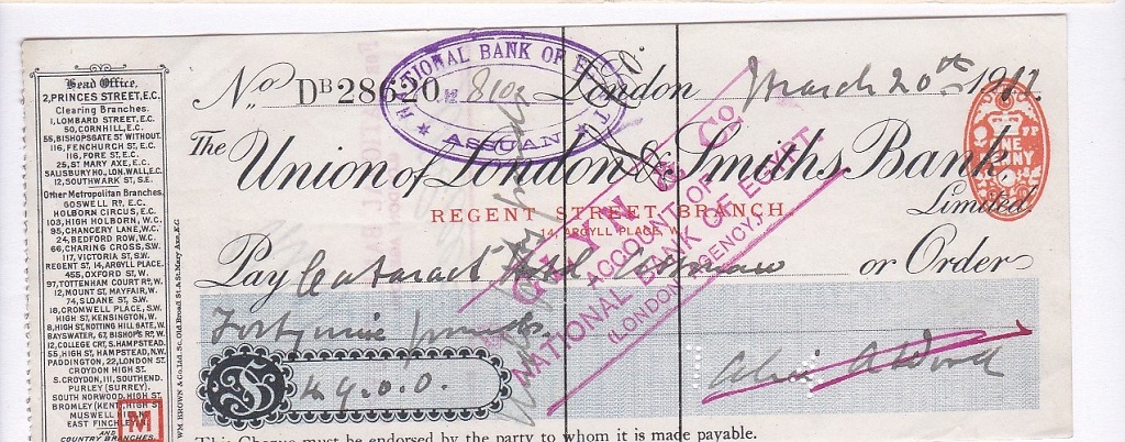 Union of London & Smith Cheque Regent Street,1911