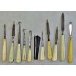 Victorian Manicure Set - A collection of 10 bone-handled toilet utensils including, files,