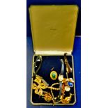 Jewellery Large blue case of mixed yellow metal jewellery and watches.