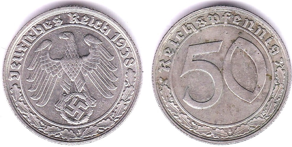 Germany 1938J 50 Reichspfenwig, GVF/EX a rare coin3050