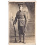 Royal Engineers WWI-RP postcard, sapper with rifle and bayonet, photo before guard duty. Message