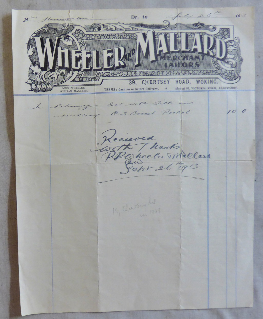 Surrey Woking Wheeler & Mallard Merchant Tailors engraved billhead 1913