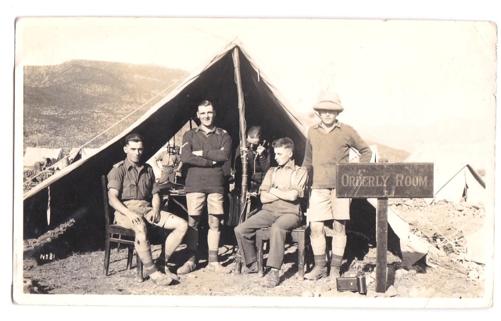 India 1936 tented signed Orderly Room with staff, signed Khanpur, 1936 postcard size photo