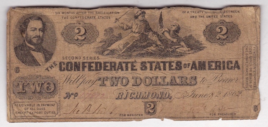 1862 (June) Two Dollars, Richmond, Personification of the South striking dow the Union, T.P. Beyaman