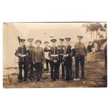 Royal Fusiliers WWI Group Assembled at camp - BIII board behind reads "Will L.E.S. Trammen Stike".