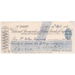 National Provincial and Union Bank cheque - Prescotts Office 1926