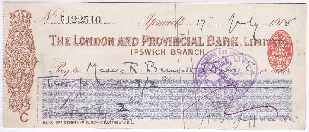 London and Provincial Bank cheque-Ipswich 1918