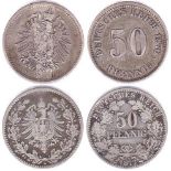 Germany 1876E, 50 Pfennig, GVF, KM 6-Germany 1877B 50 Pfennig, KM 6, VF