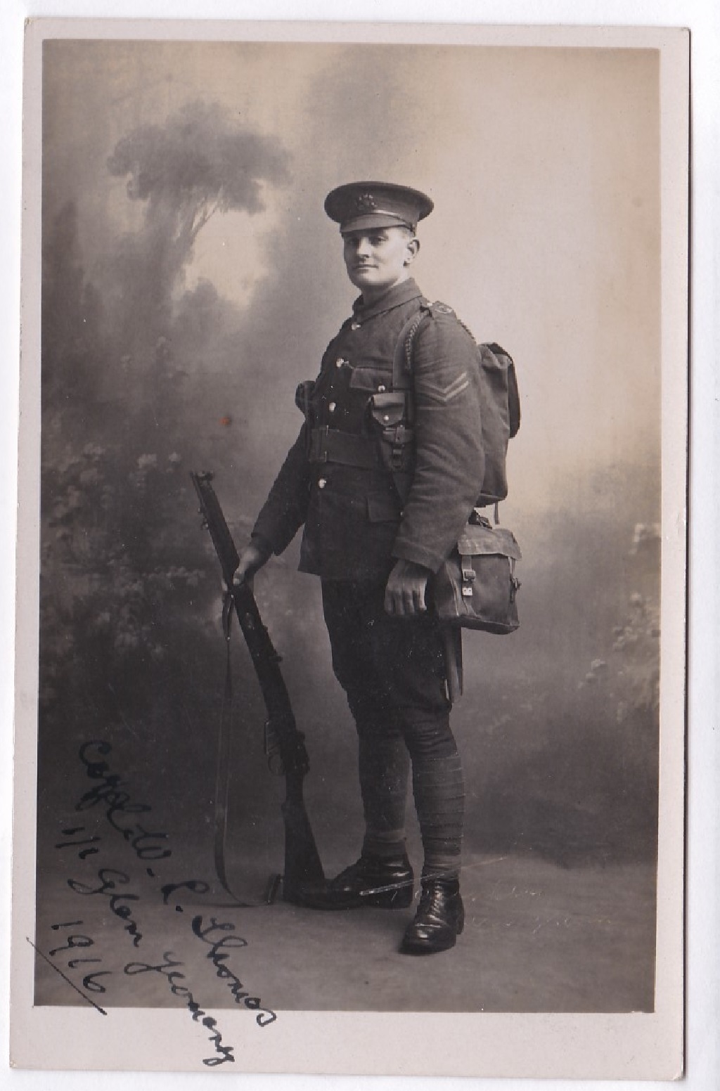 Glamorgan Yeomanry WWI Fine full length Corpral with rifle and pack, signed Cpl W.R. Thomas, 1/1