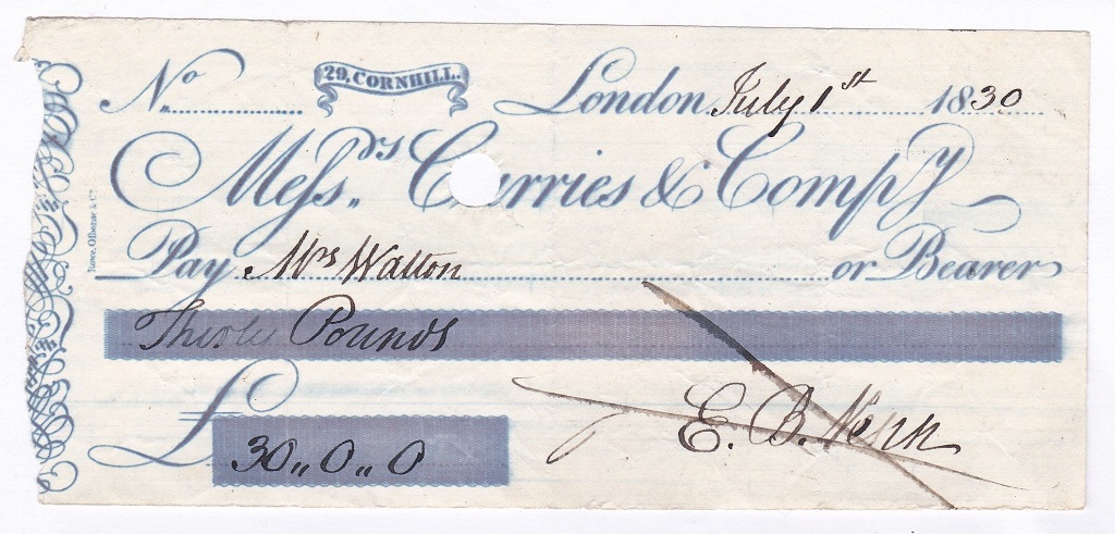 Great Britain 1830 Messrs Curries & Co. Cornhill, London cheque to bearer, Blue on White.