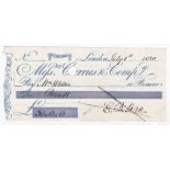 Great Britain 1830 Messrs Curries & Co. Cornhill, London cheque to bearer, Blue on White.