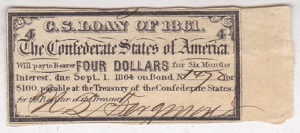 1864 Confederate States promisary note on Four Dollars Bond interest - pair on bond 736 for 1000