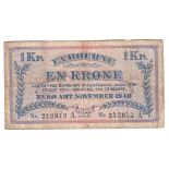 Faroe Islands 1940 - 1 Kroner WWII 2nd Emergency Issue. P9 AVF