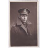 Norfolk Regiment WWI-Fine photo card of a soldier in greatcoat-superb cap badge image