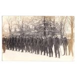 Canadian Scottish Highlanders WWI- RP postcard - on parade in the snow prior to embarkation