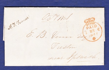 Suffolk 1845 OHMS Letter from Stamps & Taxes Legacy Duty Department to Ipswich. Paid in red. Fine